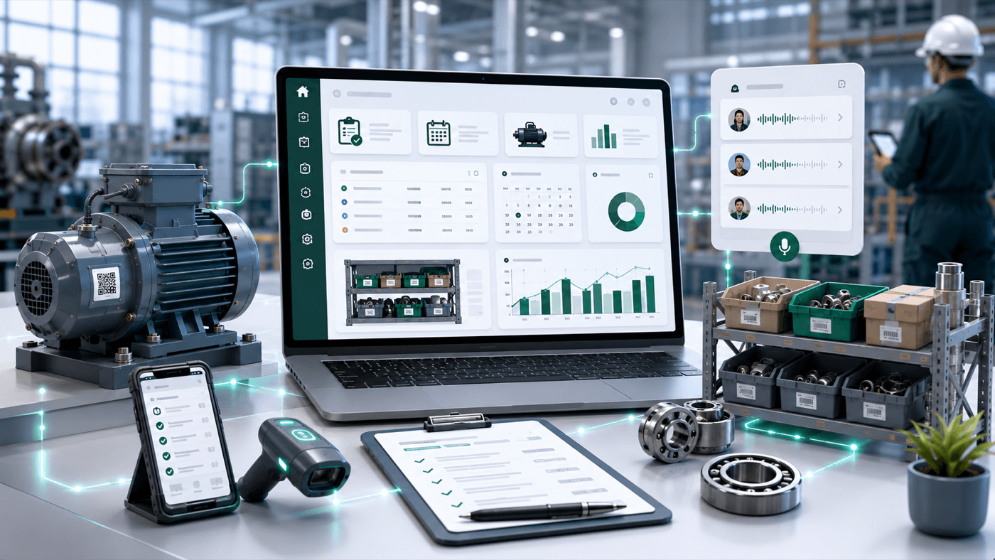 Liquid CMMS dashboard showing work orders, preventive maintenance, assets, spare parts and barcode workflows with a secondary voice coordination panel.